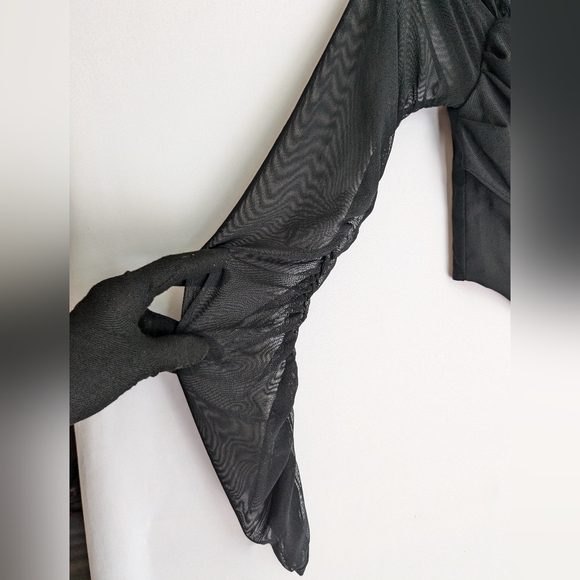 Baonmy Women's Cropped Top Sz XXS Corset Black Sheer Long Pleated Sleeves T-2 - Picture 4 of 11